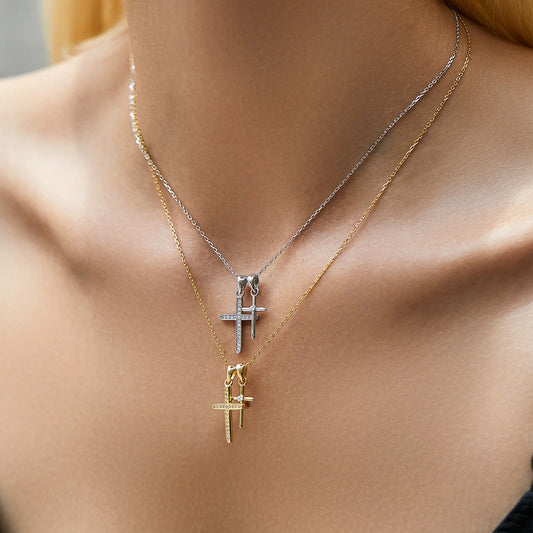 Doppelte Kreuzkette in Gold & Silber